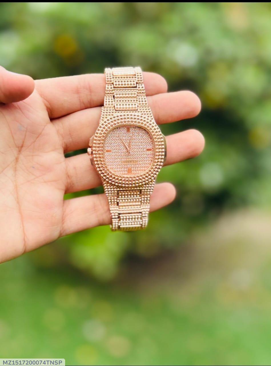 Rose Gold Textured Chain Watch with Fold Clasp for Women