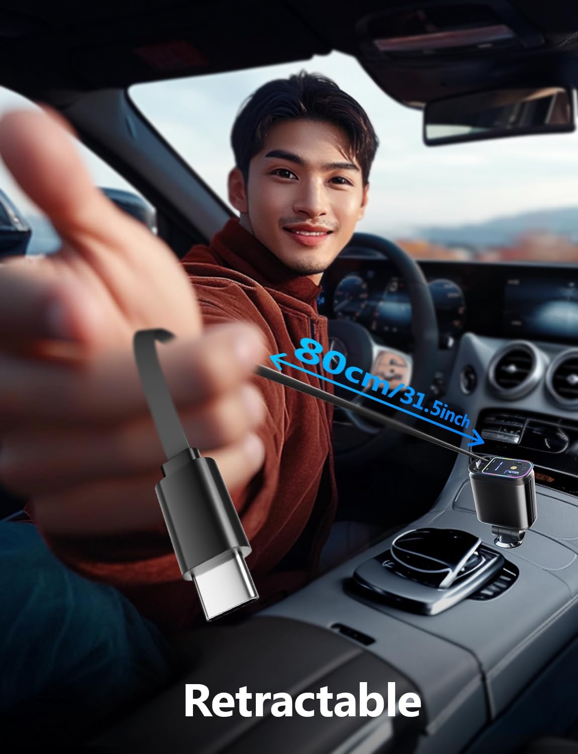 4 in 1 Retractable Car Charger with Starlight Roof Light – Fast Charging USB-C + Lightning Car Adapter