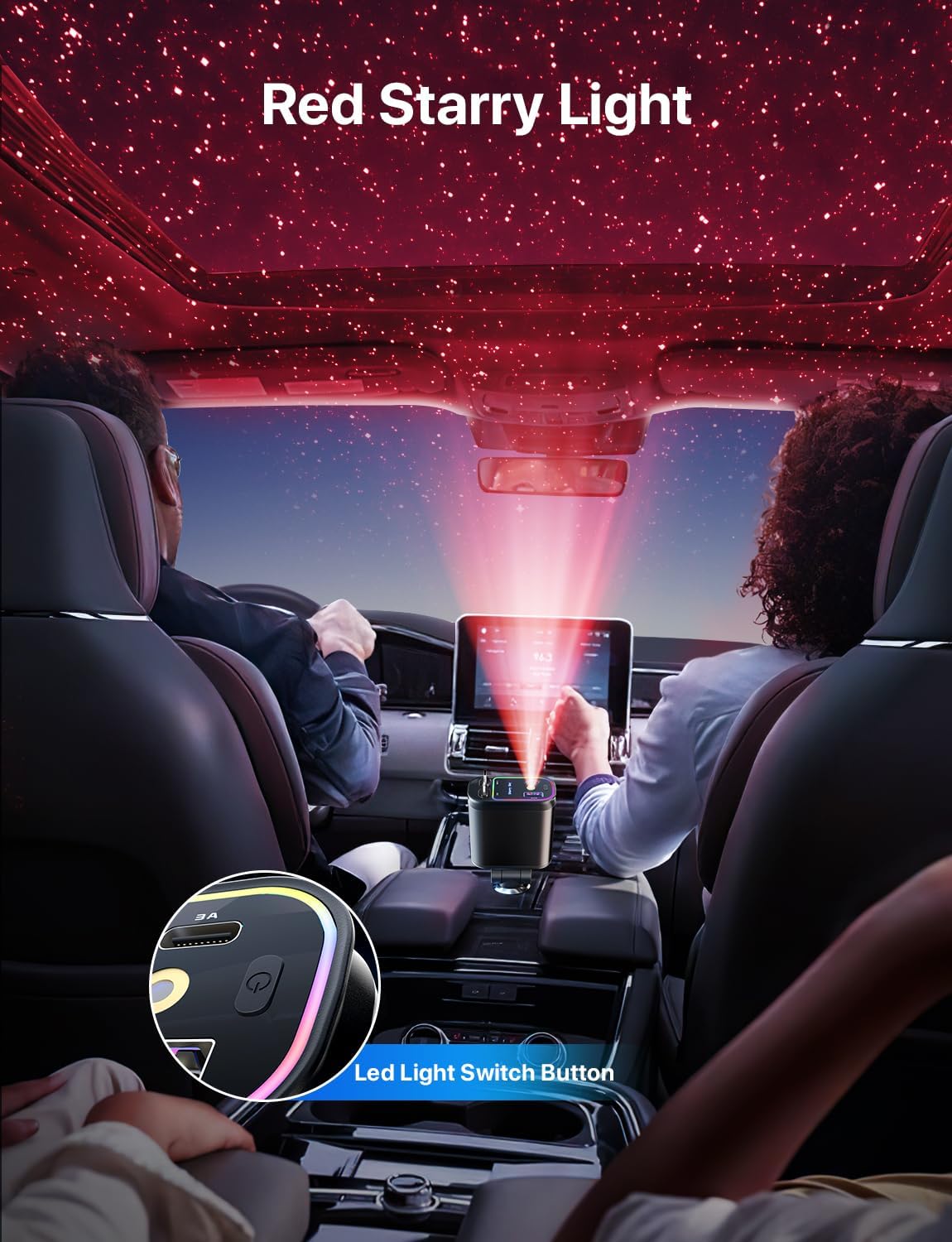 4 in 1 Retractable Car Charger with Starlight Roof Light – Fast Charging USB-C + Lightning Car Adapter