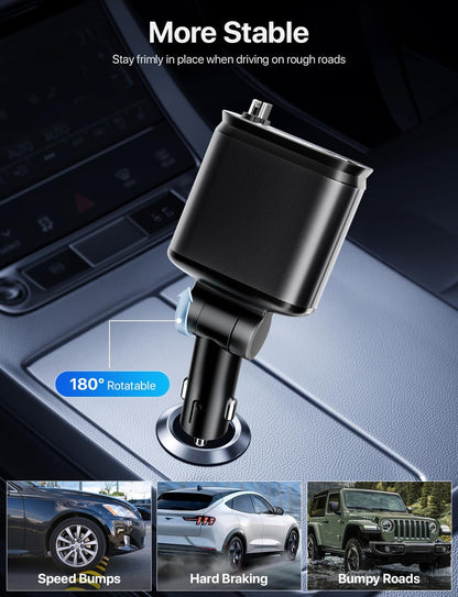 4 in 1 Retractable Car Charger with Starlight Roof Light – Fast Charging USB-C + Lightning Car Adapter