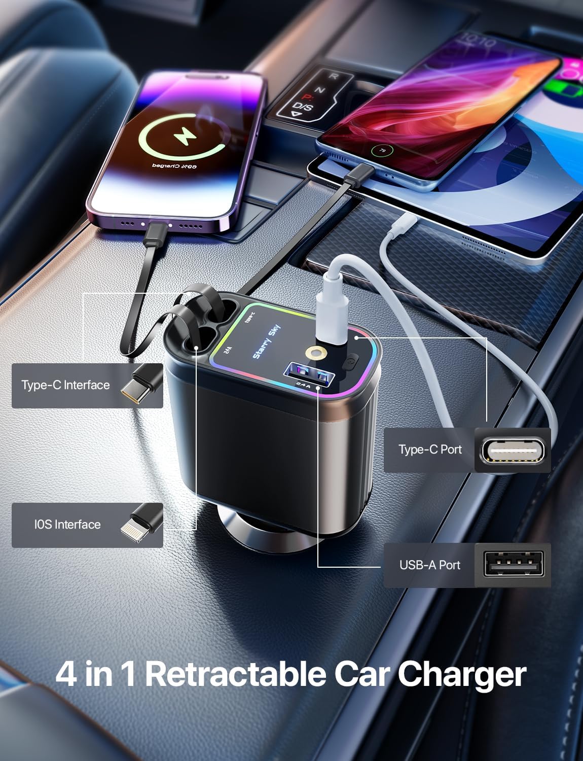 4 in 1 Retractable Car Charger with Starlight Roof Light – Fast Charging USB-C + Lightning Car Adapter