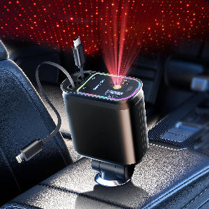 4 in 1 Retractable Car Charger with Starlight Roof Light – Fast Charging USB-C + Lightning Car Adapter