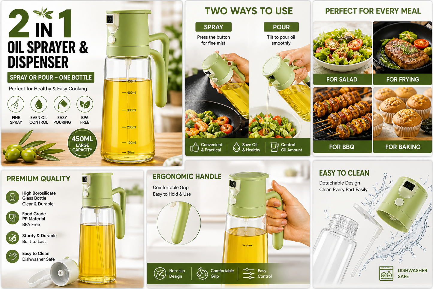 Premium Oil Sprayer Bottle – Fine Mist Cooking Oil Dispenser
