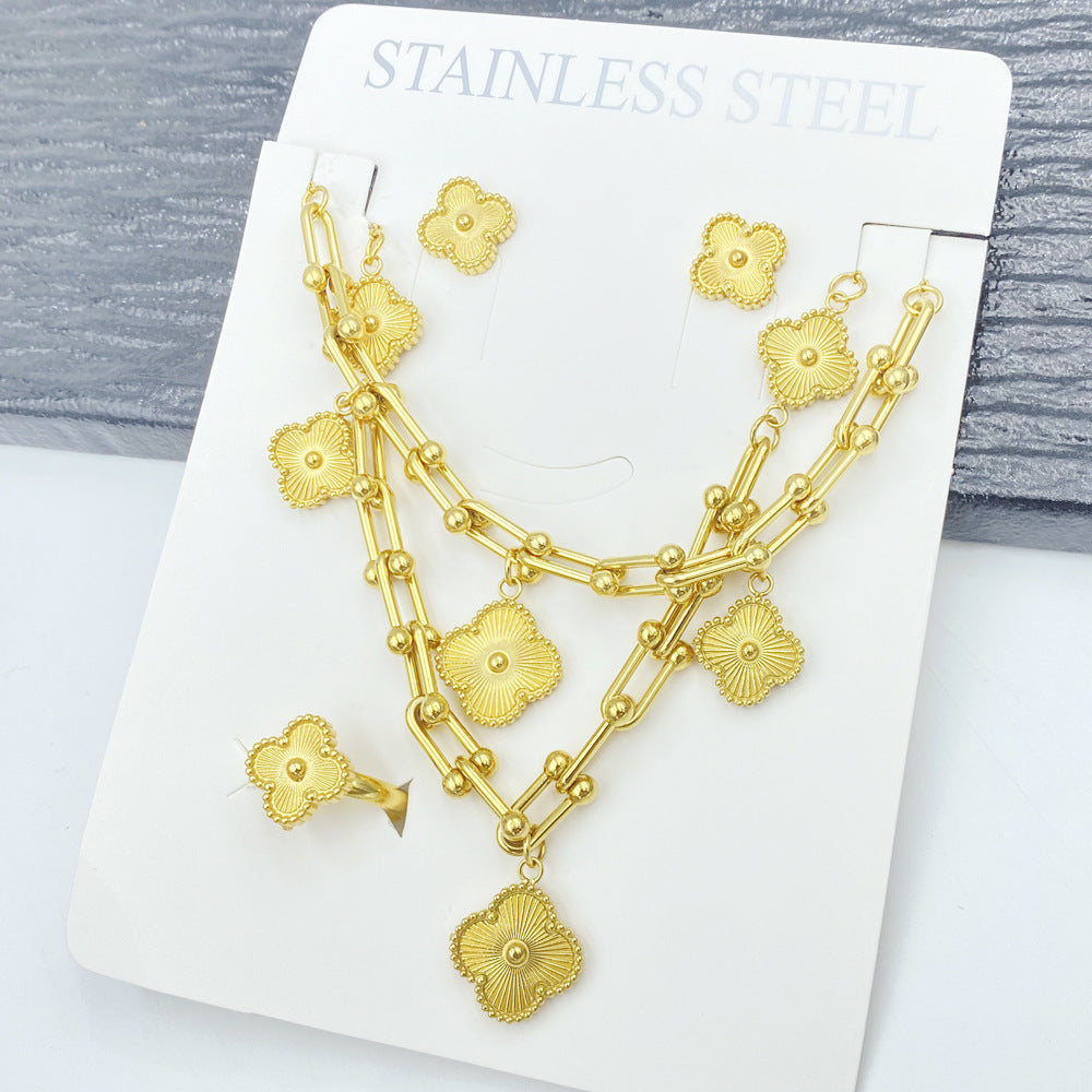 Luxury Stainless Steel Four-Leaf Clover Jewelry Set for Women with Necklace, Bracelet, Earrings and Ring