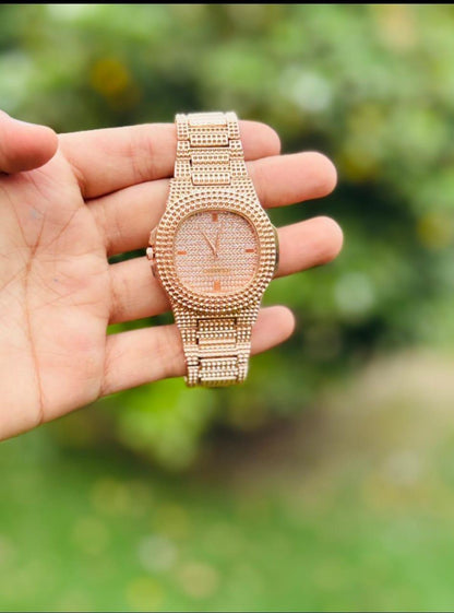Rose Gold Textured Chain Watch with Fold Clasp for Women