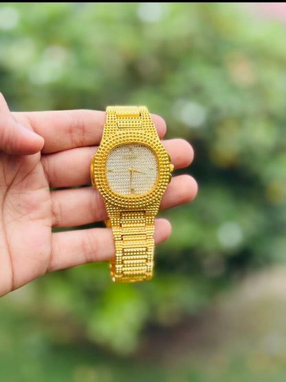 Rose Gold Textured Chain Watch with Fold Clasp for Women