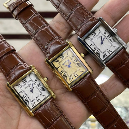 Luxury Rectangular Analog Watch for Men – Brown Leather Strap