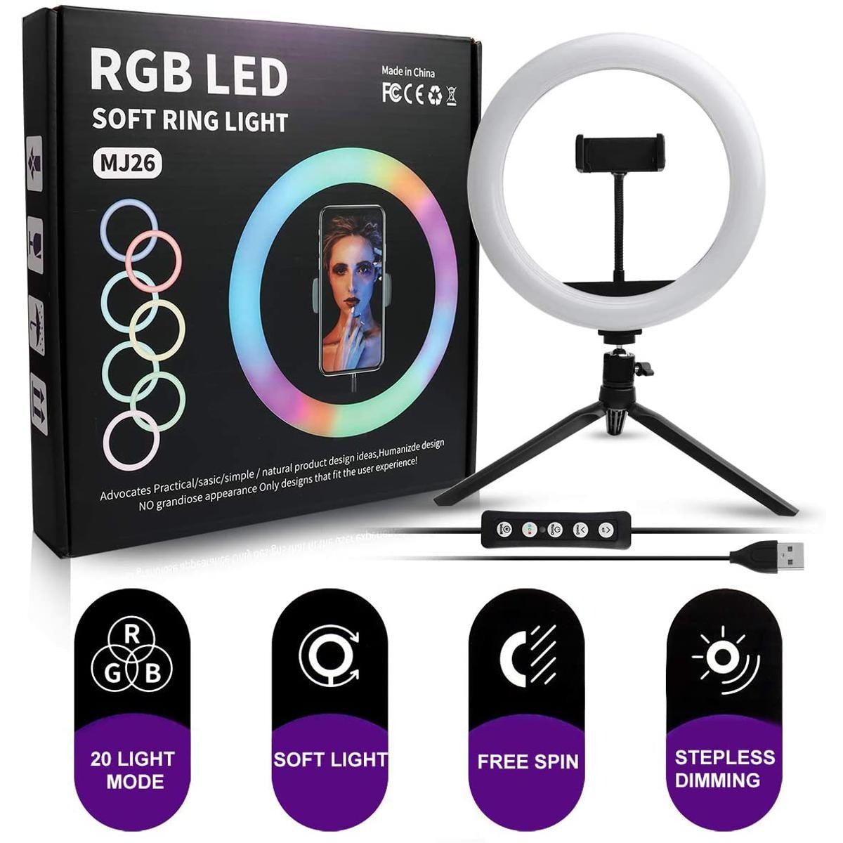 RGB LED Soft Ring Light MJ26 20 Light Modes | Soft Light | Free Spin