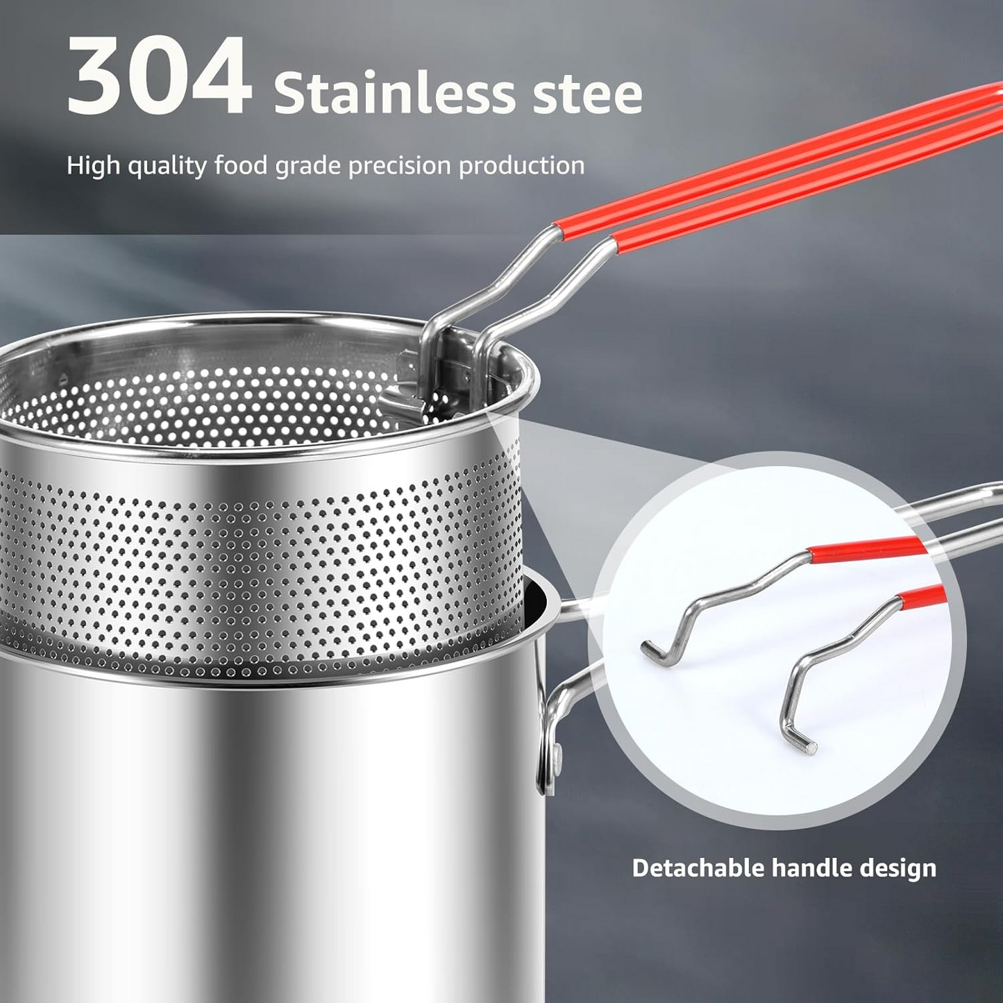2 in 1 Stainless Steel Deep Fryer Pot with Removable Strainer Basket & Heat Resistant Handle
