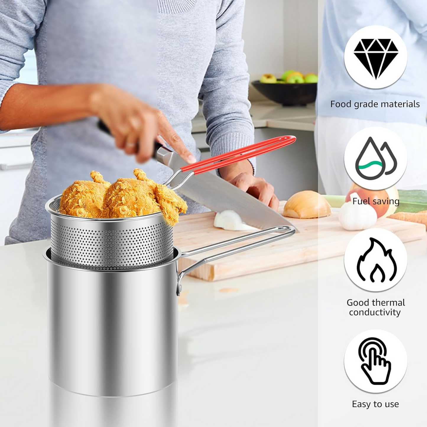 2 in 1 Stainless Steel Deep Fryer Pot with Removable Strainer Basket & Heat Resistant Handle