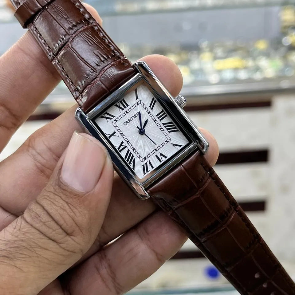 Luxury Rectangular Analog Watch for Men – Brown Leather Strap